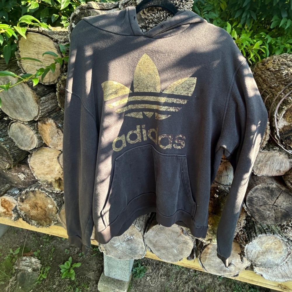 Adidas Hoodie Cotton Fleece Pullover Gold Glitter Trefoil 2007 Vintage Sporty XL